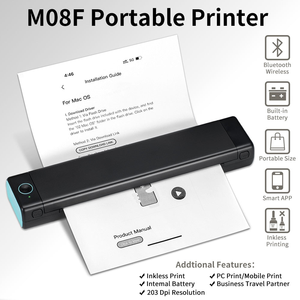 Portable Thermal Printer M08F A4 Mini ,Supports Thermal Paper Inkless Wireless Mobile Word/TXT/PDF Photo Printers Office